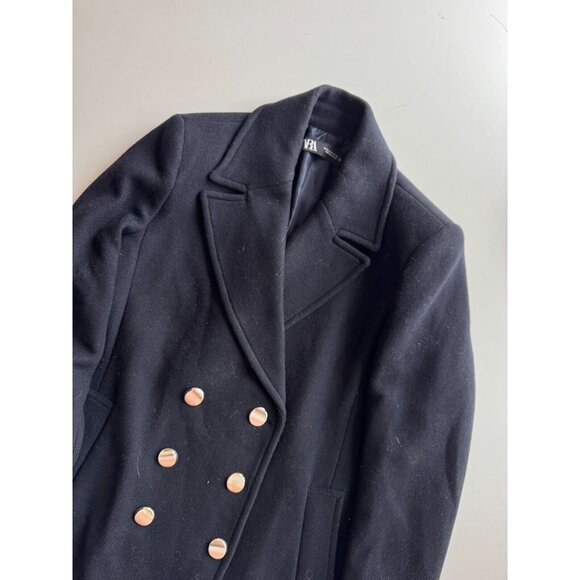 ZARA Navy Blue Wool Blend Double Breasted Short Peacoat Coat, Size M - Picture 6 of 12